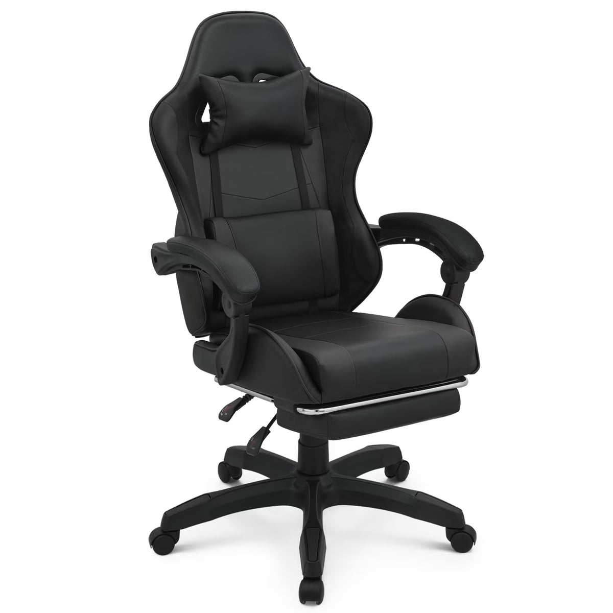 Black Swivel Gaming Chair with Footrest and Lumbar Support W40104