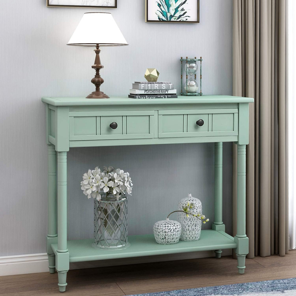 Retro Blue 4-Leg Wood Console Table with Two Drawers and Bottom Shelf P8434