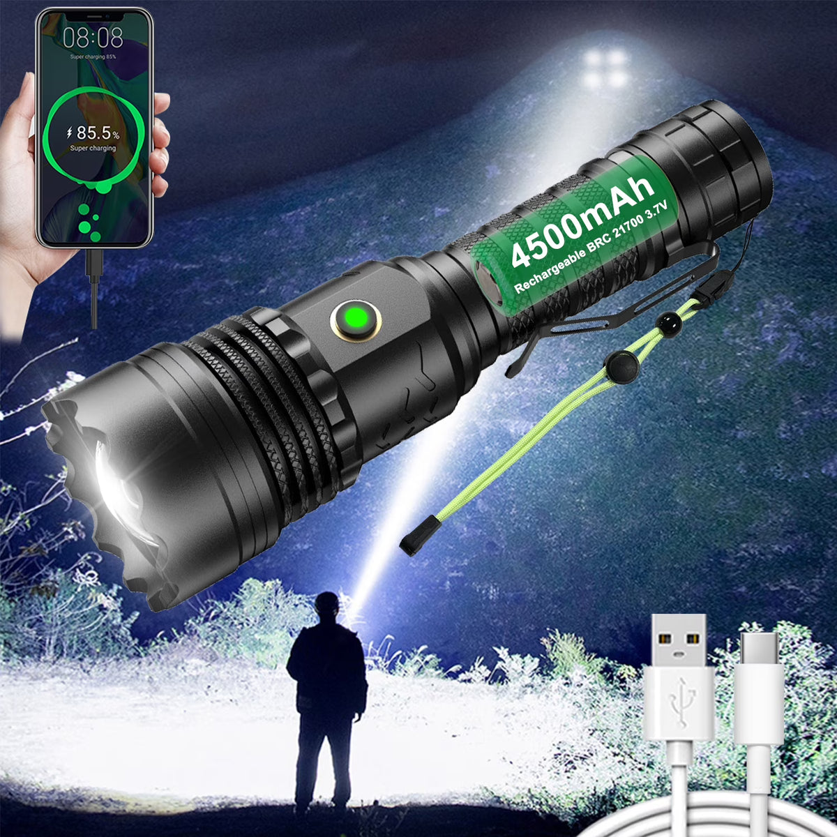 Rechargeable LED Flashlight 12000 Lumens Zoomable Handheld Spotlight with Lanyard and Hooks Q798225