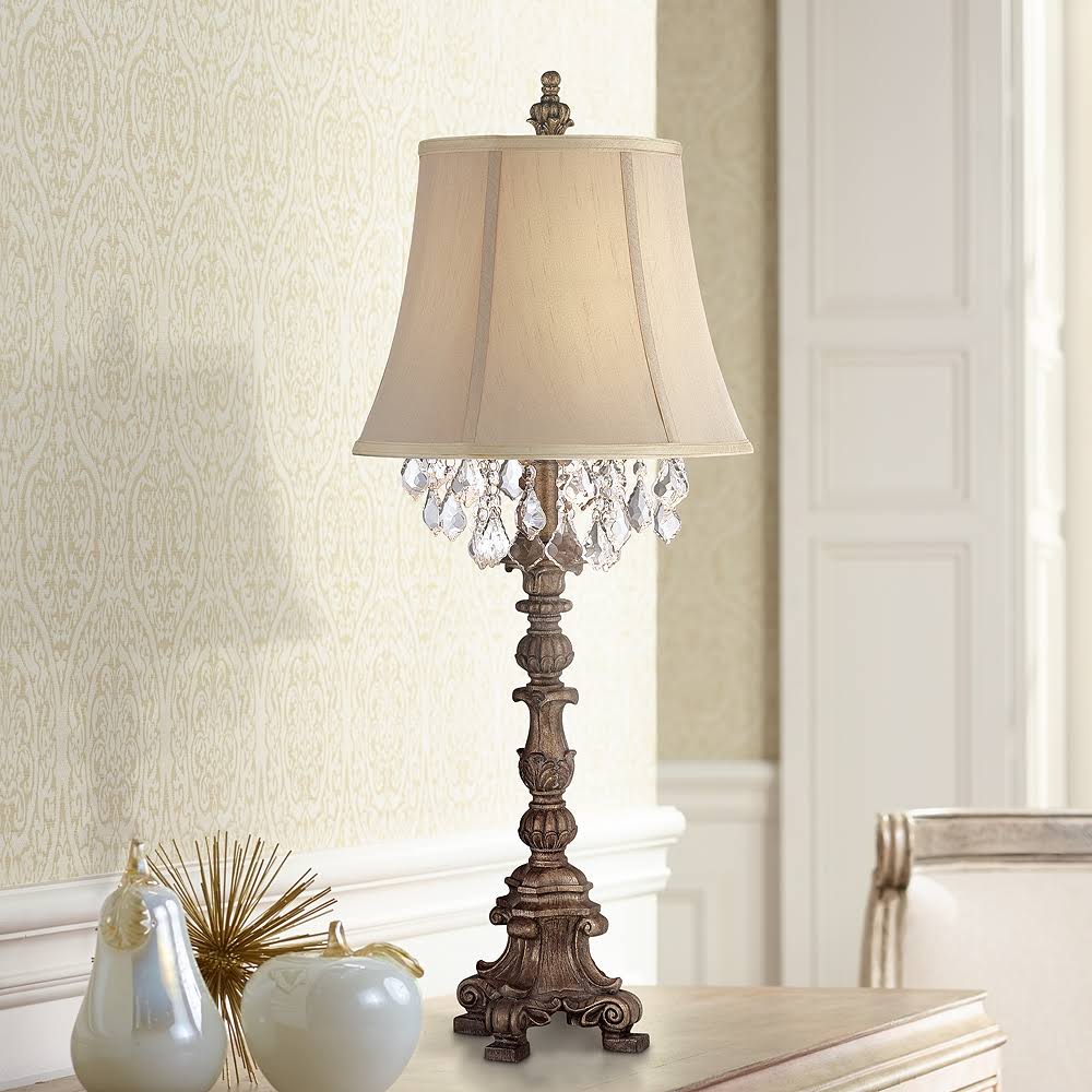 Crystal Gold Candlestick Table Lamp with Beige Bell Shade V589