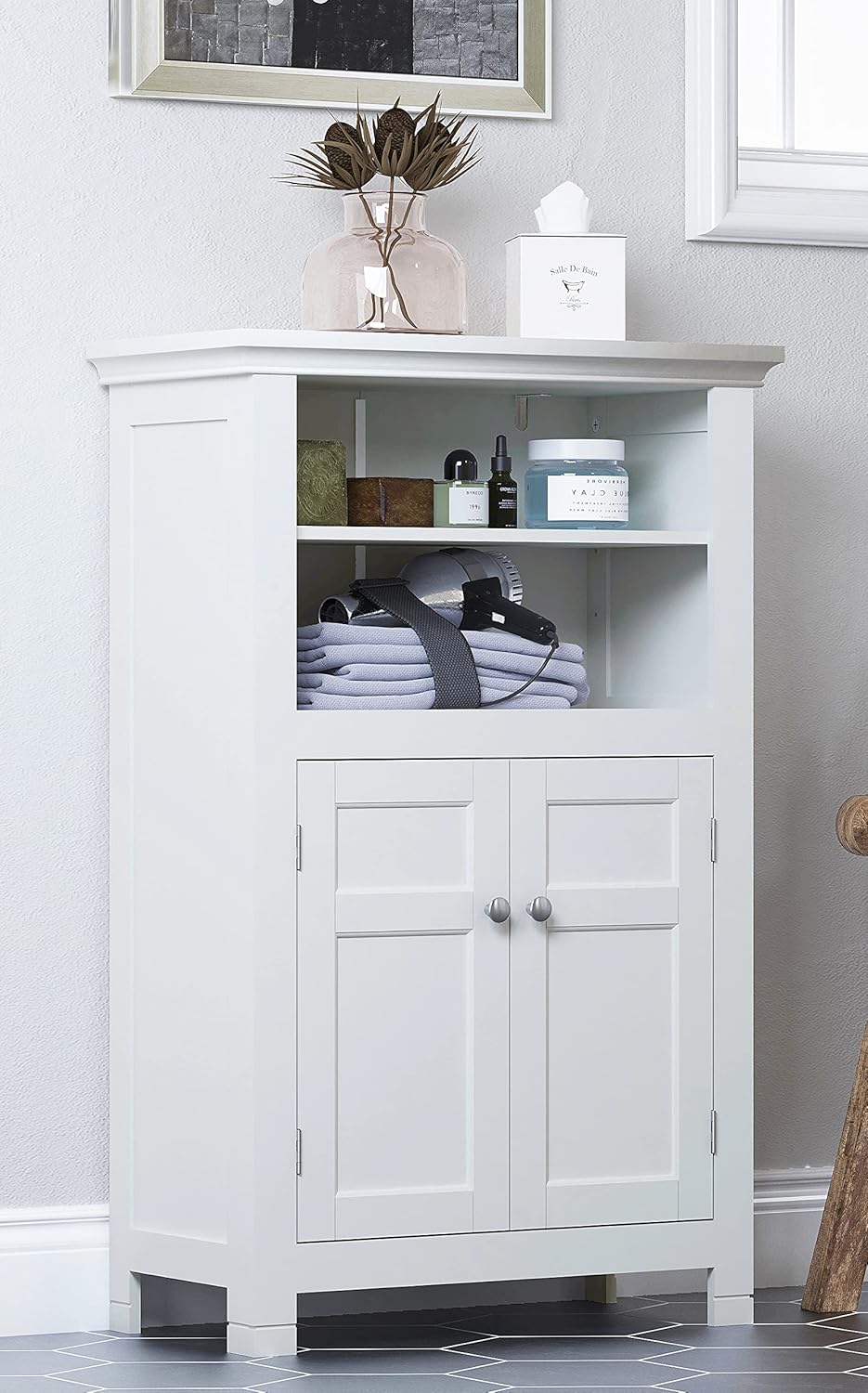 White Freestanding Bathroom Cabinet with Doors and Adjustable Shelf J959894