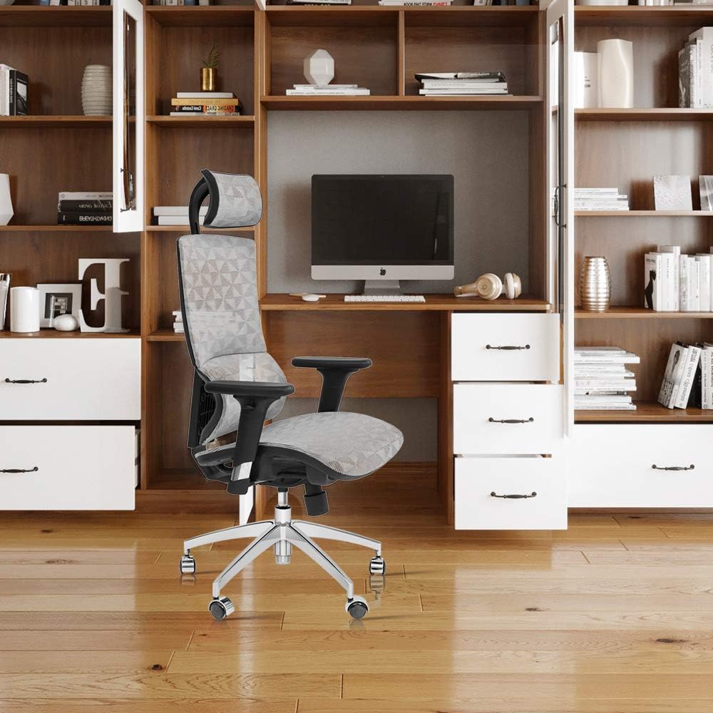 Grey High Back Mesh Executive Office Chair with Adjustable Headrest and Armrest J49094