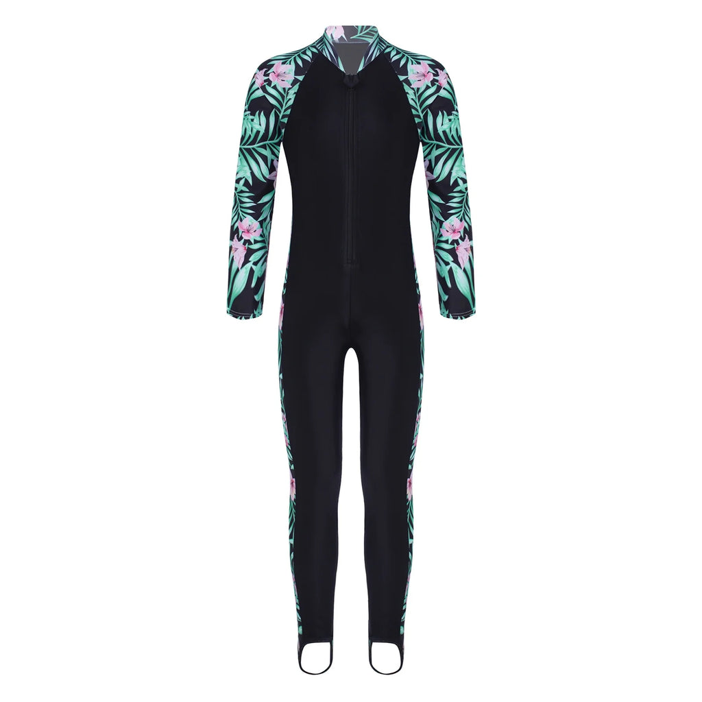 Kids Girls One Piece Zip up Rash Guard Shirt Swimsuit O576