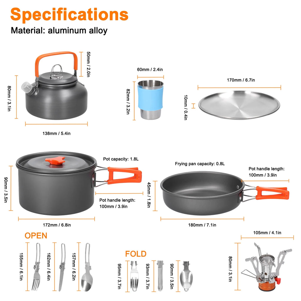 Aluminum Alloy Camping Cookware Set with Pot Frying Pan Kettle Cups N327