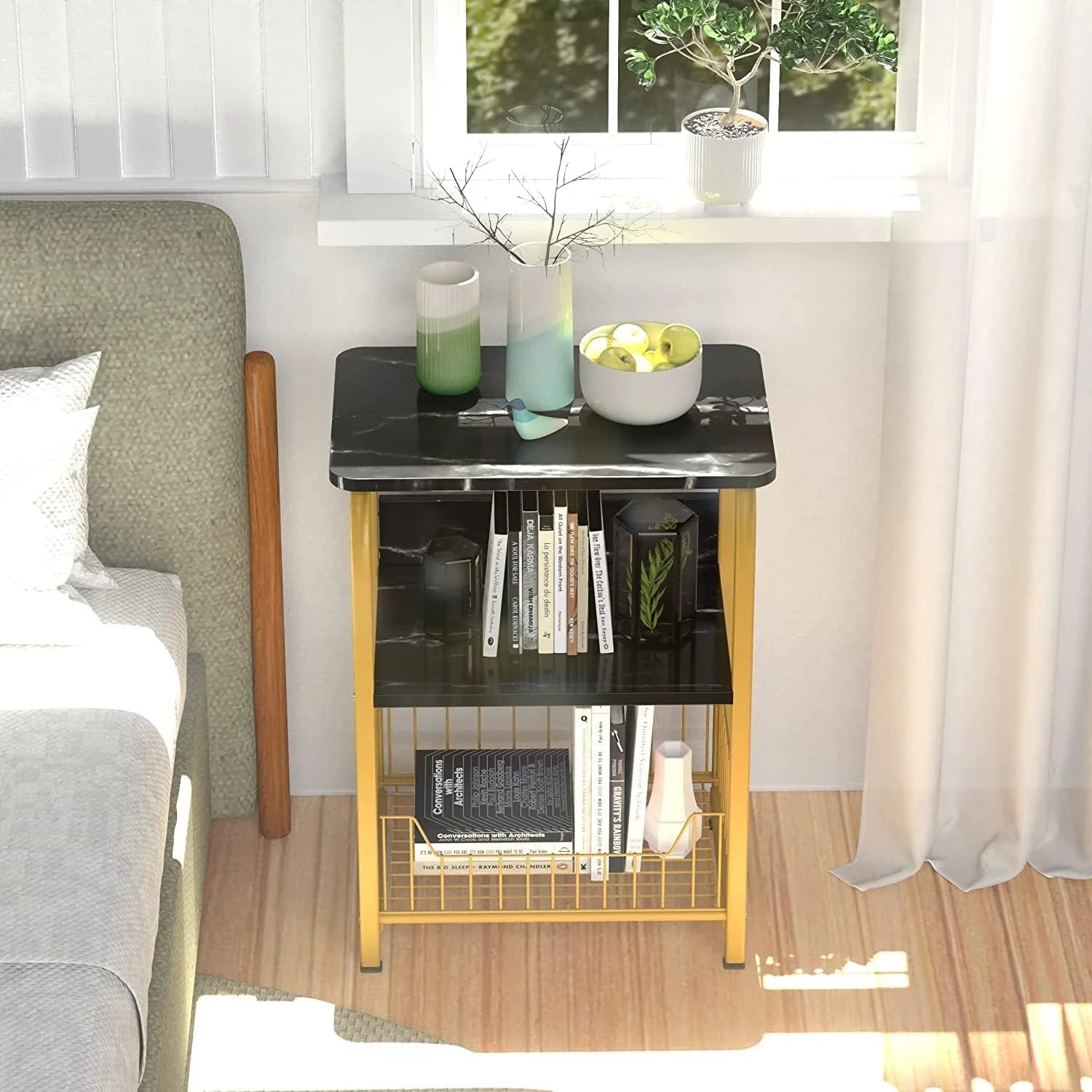 Black Marble 3 Tiers Nightstand with Wood and Metal Frame S6019