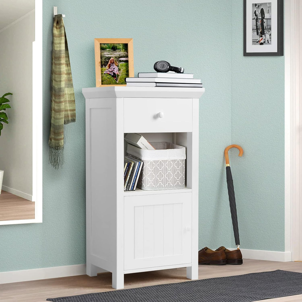 White Freestanding Wooden Bathroom Floor Cabinet, 1 Drawer & 1 Cabinet & 1 Open Shelf, Pack of 2 J531