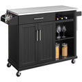 Black Kitchen Island Cart on Wheels with Stainless Steel Top and Open Shelves H1313