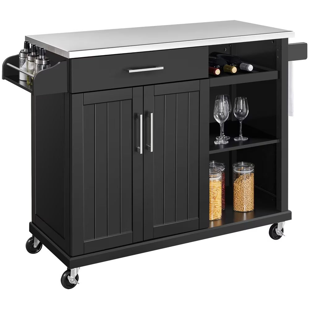 Black Kitchen Island Cart on Wheels with Stainless Steel Top and Open Shelves H1313