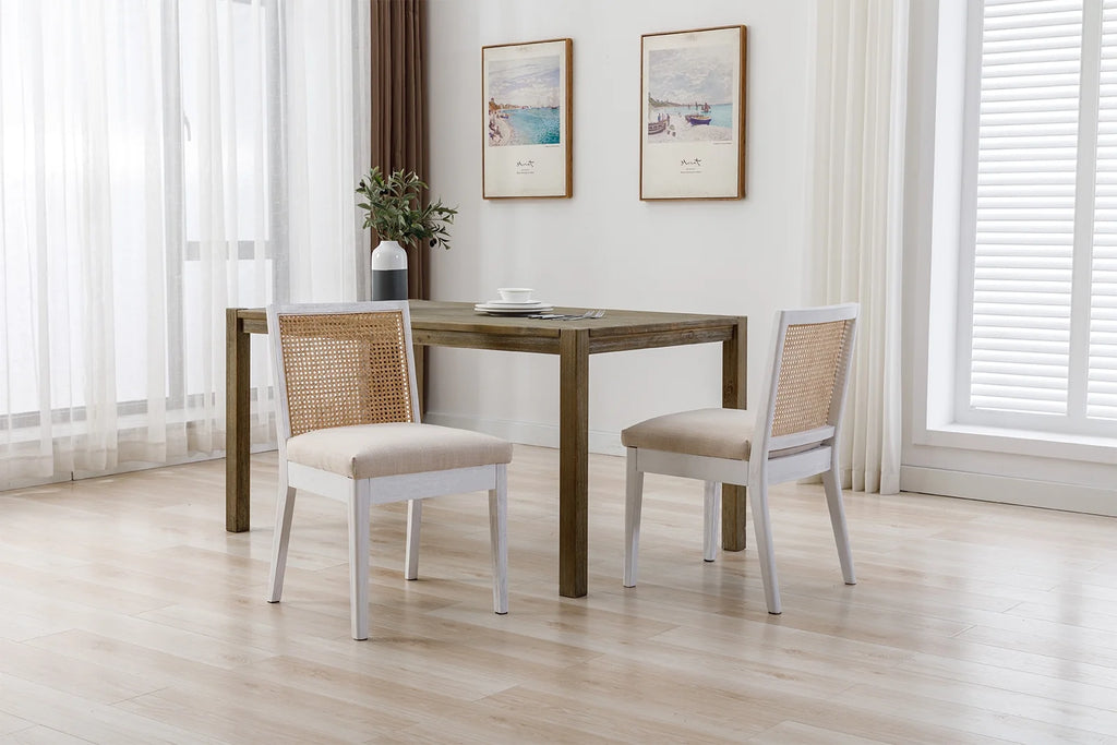 Beige Rattan Dining Chairs Set of 2 with White Hardwood Frame H724733