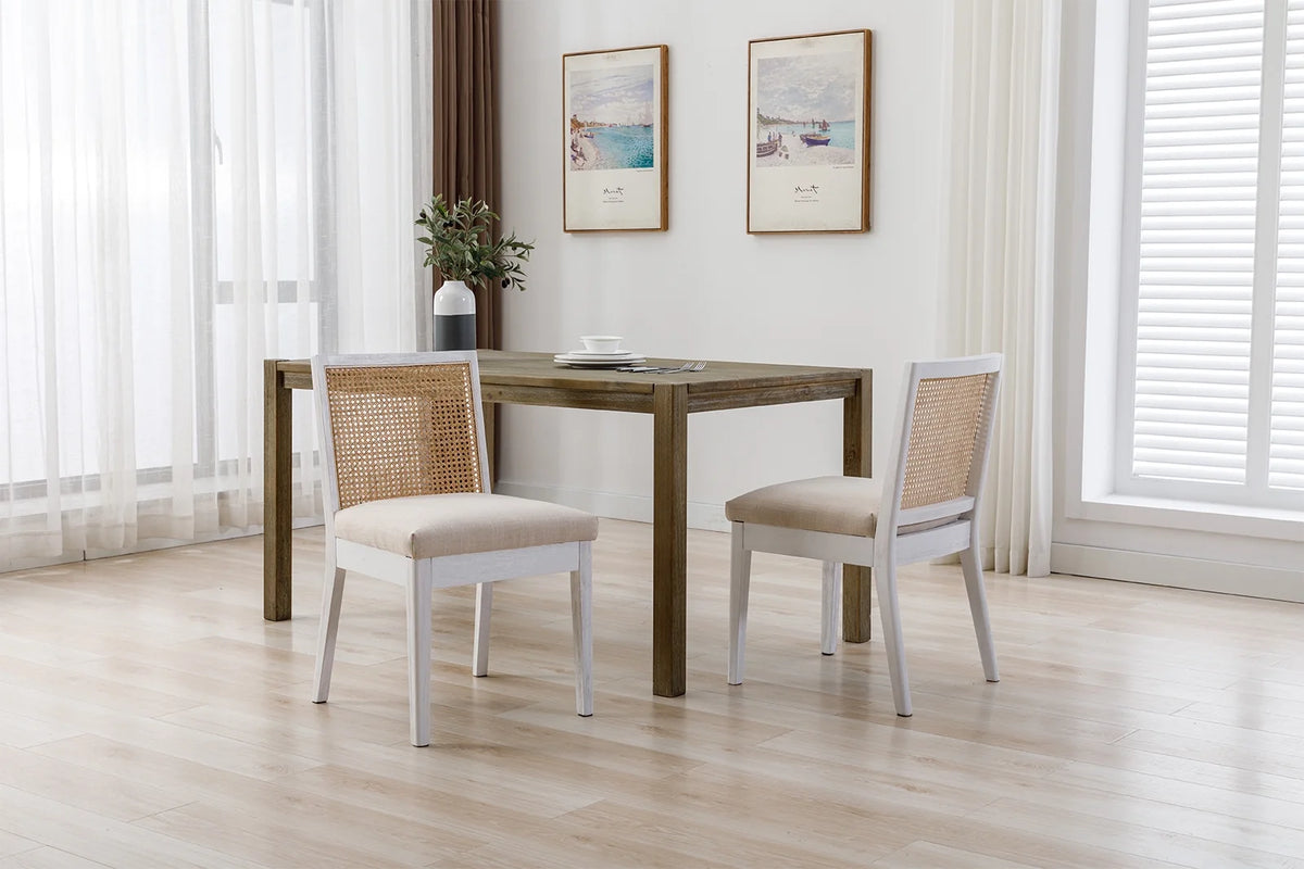 Beige Rattan Dining Chairs Set of 2 with White Hardwood Frame H724733