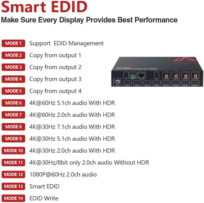 HDMI Matrix 4x4 4K@60Hz 4:4:4 HDR Dolby Vision CEC Audio Extraction SPDIF 5.1CH Downscaler HDCP2.2 IR Remote RS232 Q547580