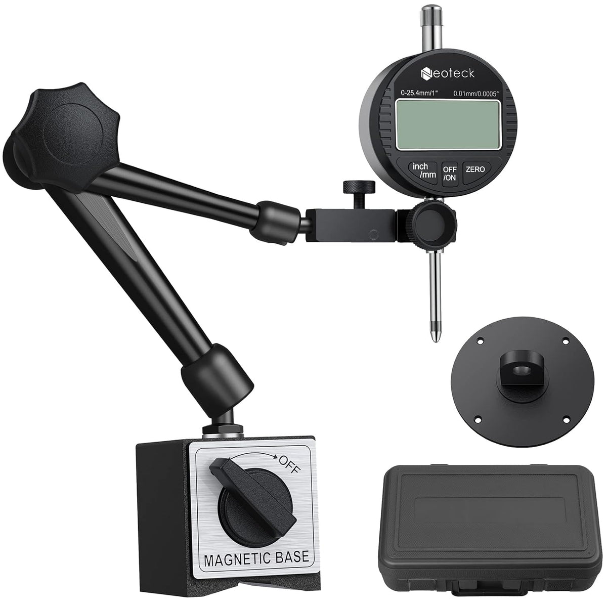 Digital Dial Indicator Gauge and Magnetic Base Set with Storage Case, 0-1inch/ 25.4mm, 0.01mm/ 0.0005 Inch, Black S12137