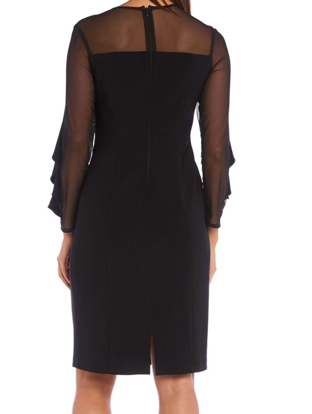 Black Knee-Length Dress with Sheer Details and Ruffled Sleeves Size 10P N374425