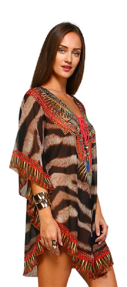 Animal Printed Lace up Kaftan I429