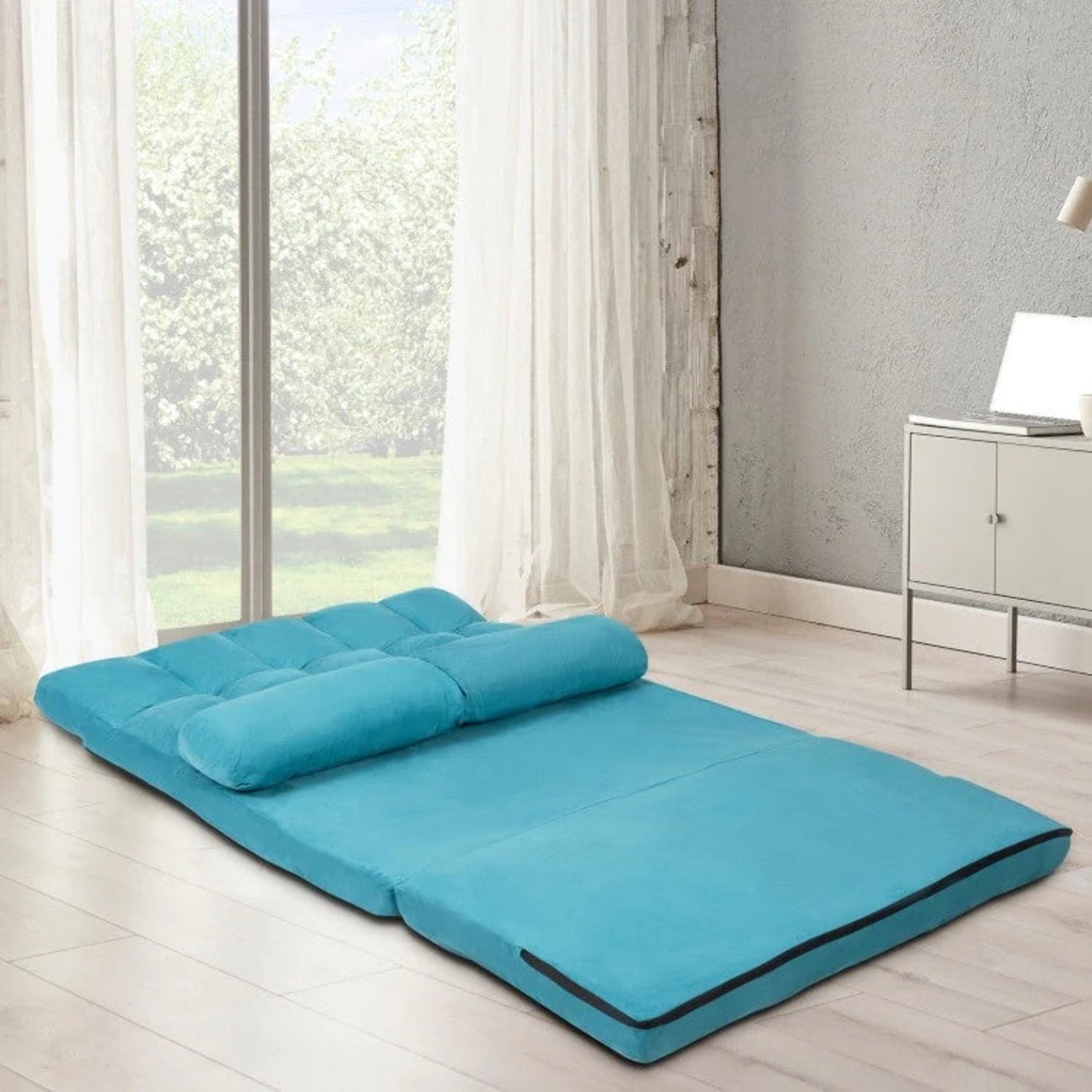 Teal Blue Foldable Floor Sofa Bed with Cloth Cover U76425