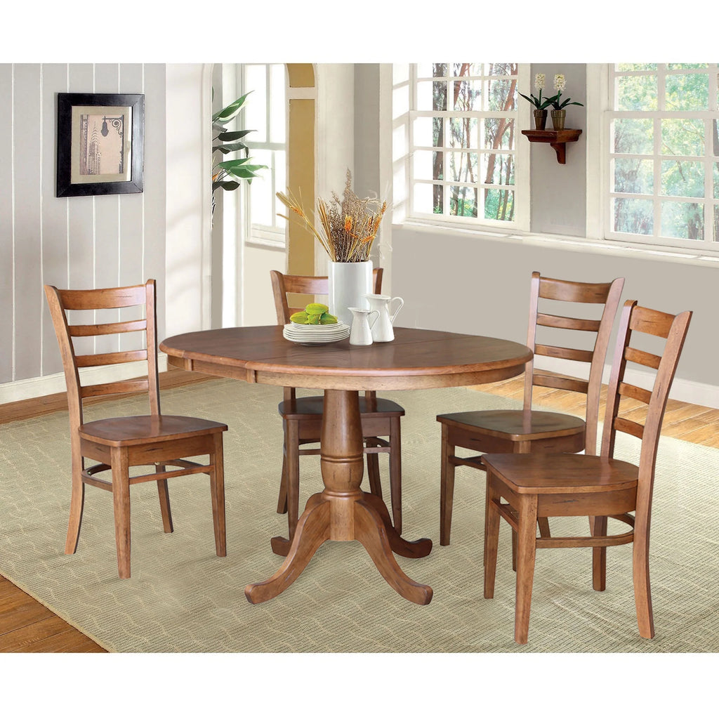 Solid Wood 5-Piece Dining Set with 36 in. Round Extension Dining Table and 4 Ladder Back Chairs in Distressed Oak Y259