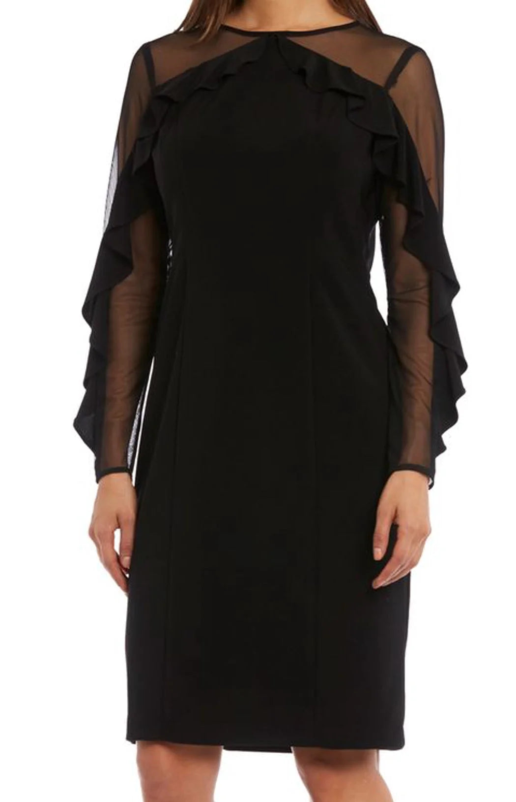 Black Knee-Length Dress with Sheer Details and Ruffled Sleeves Size 10P N374425