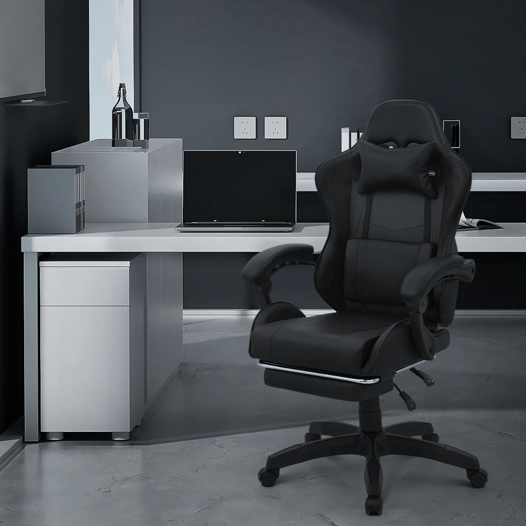 Black Swivel Gaming Chair with Footrest and Lumbar Support W40104