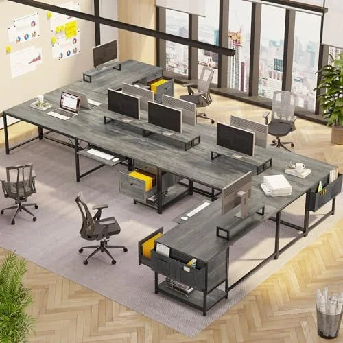 Rustic Brown L Shaped Desk with LED Lights and File Drawers J8244