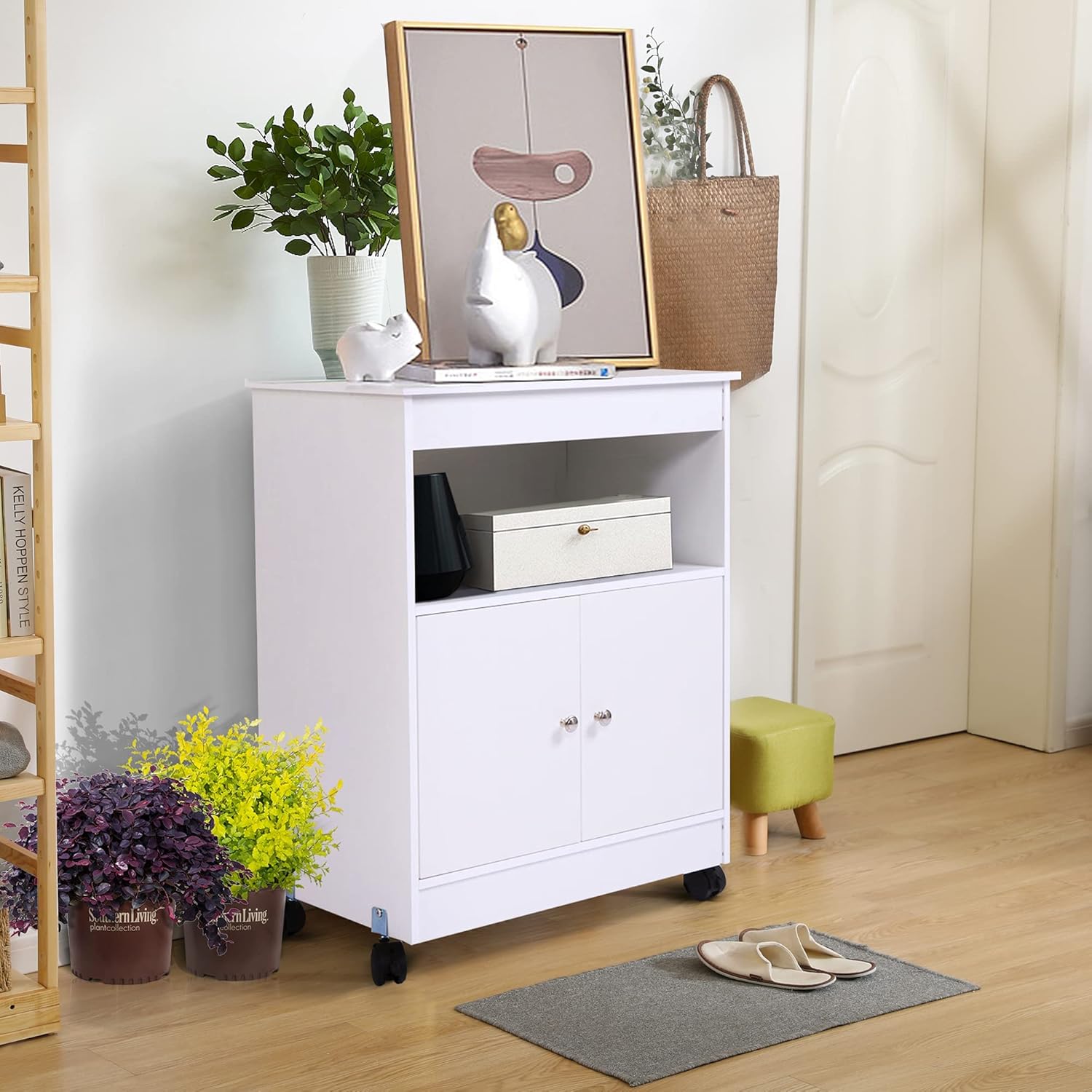 White Pack of 2 Microwave Kitchen Cart with Storage U7882