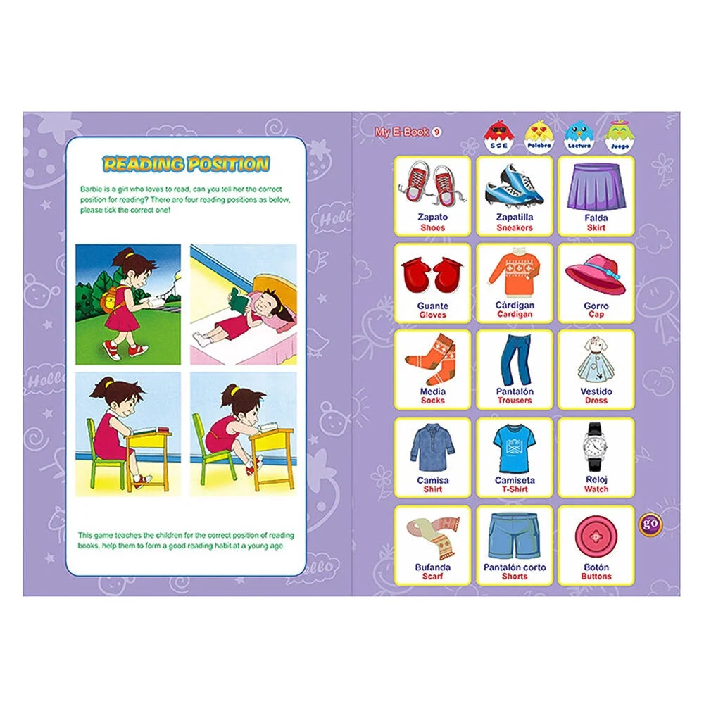 2-in-1 Spanish English Sound Board Book Interactive Talking Book Early Educational Reading Toy U1641
