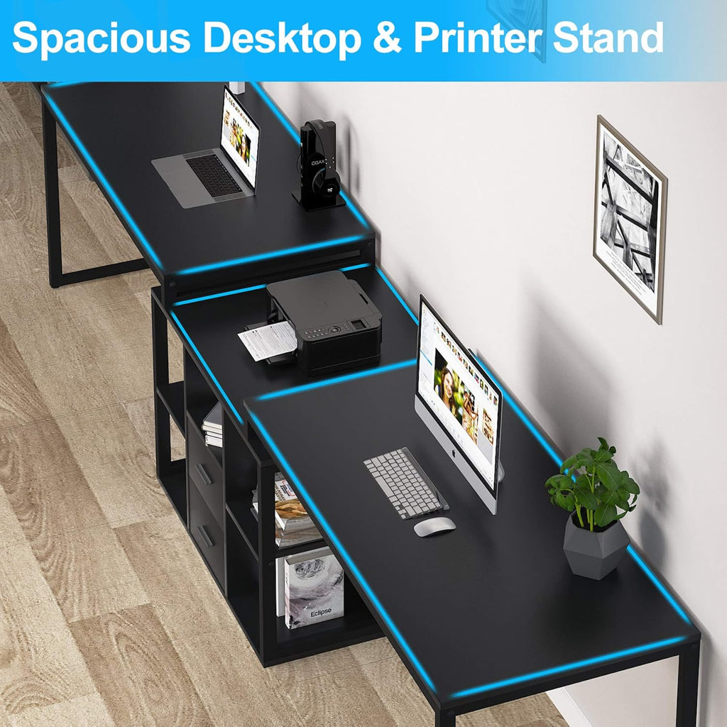 Black Extra Long Computer Desk with File Cabinet & Open Shelves P4909