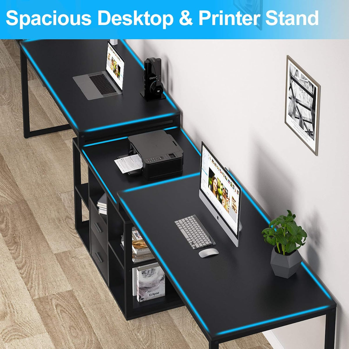 Black Extra Long Computer Desk with File Cabinet & Open Shelves P4909