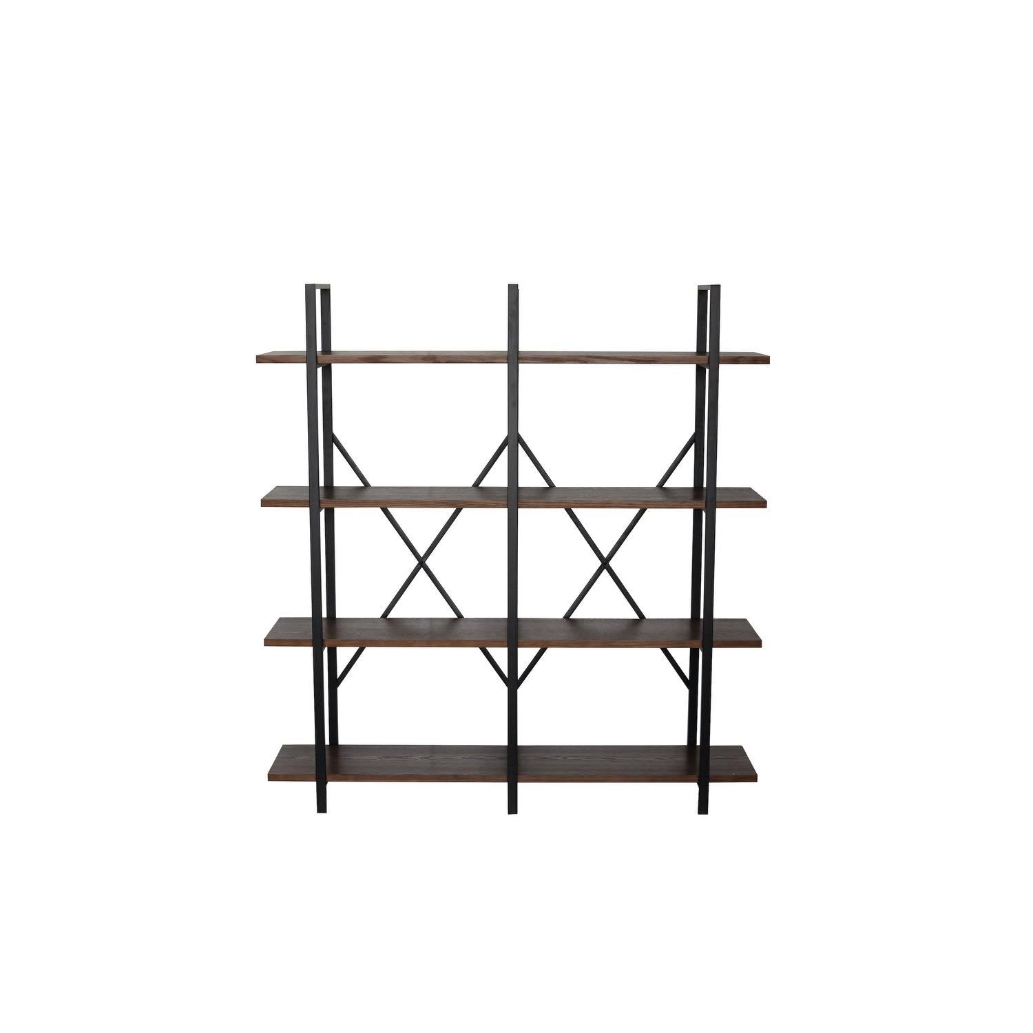 4 Tier Wood and Metal Double Bookcase, Brown and Black H30981