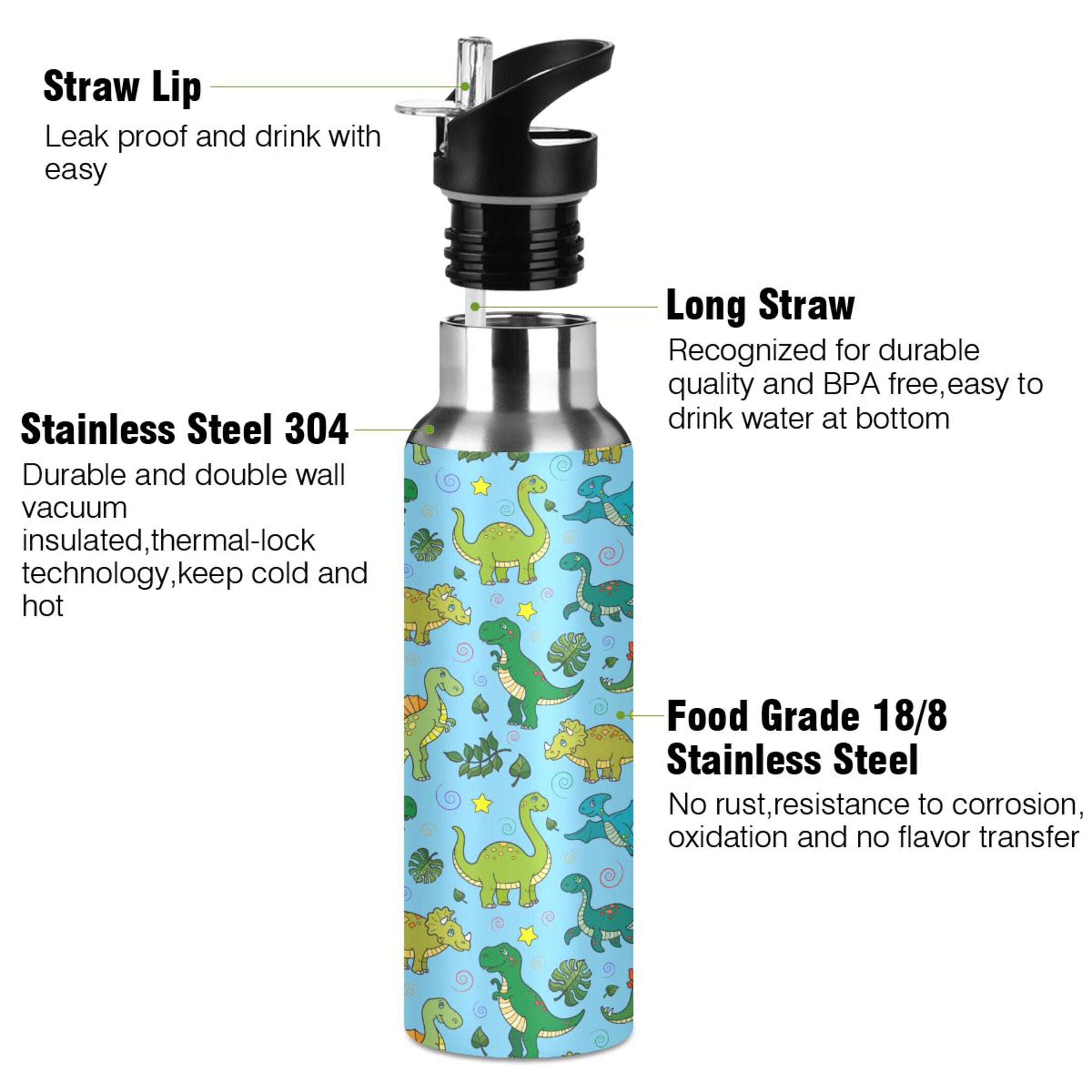 Stainless Steel Insulated Thermos Vacuum Flask Water Bottle with Straw Lid U284589