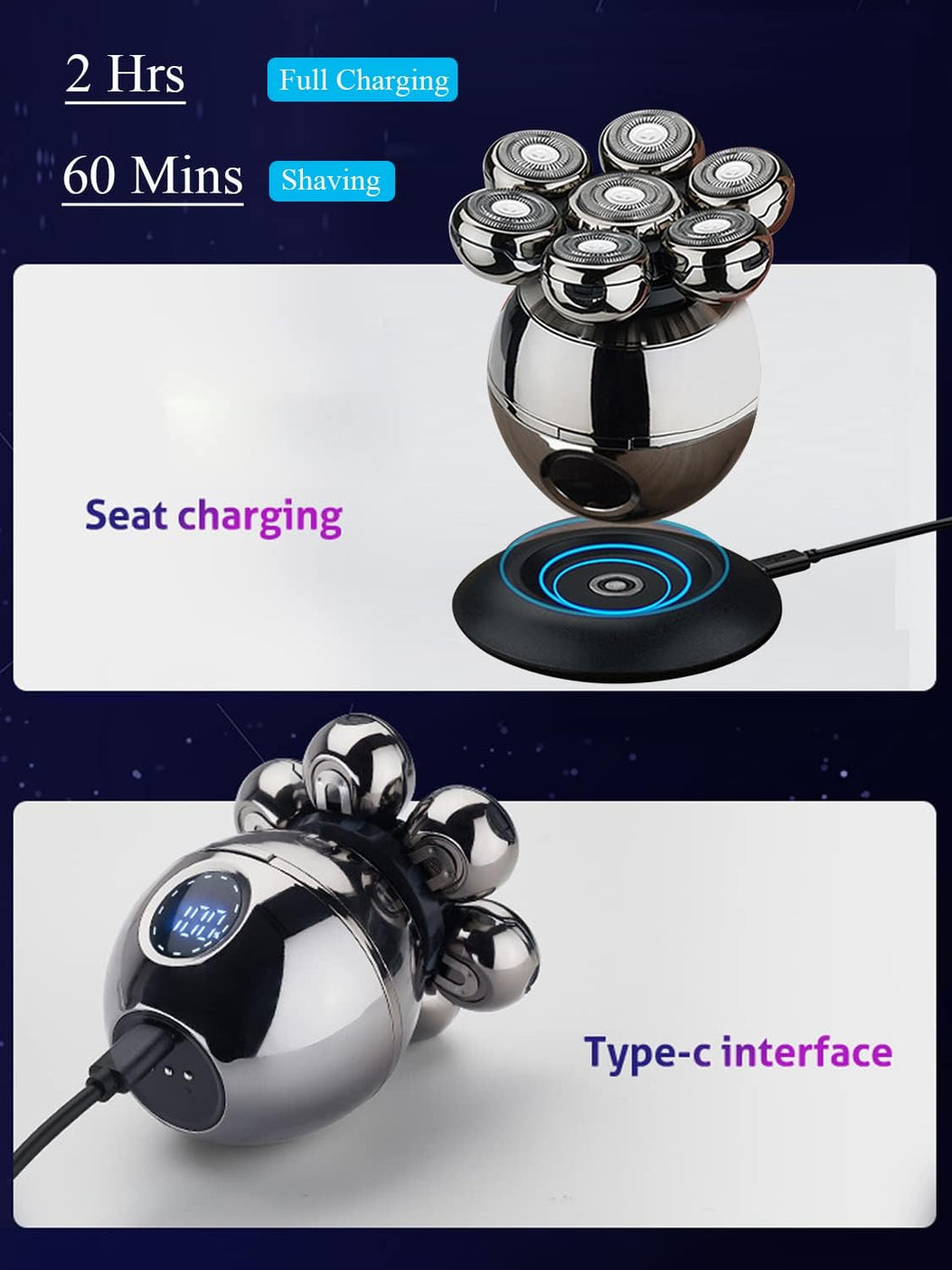 5-in-1 Electric Head Shaver Rotary Design Grooming Kit Cordless Rechargeable Pack of 2 H80873