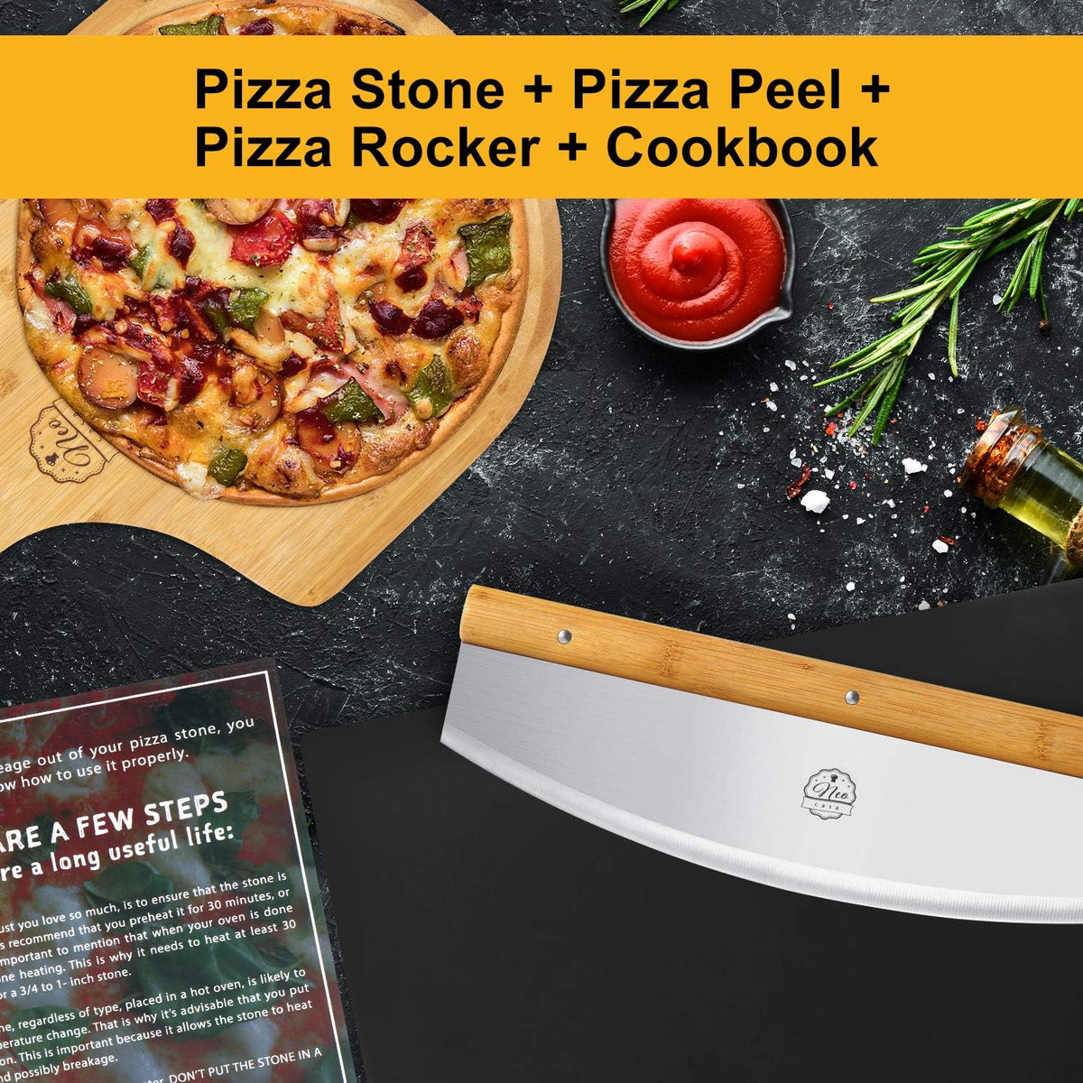Black Cordierite Ceramic Coated Pizza Stone Pan Set with Bamboo Pizza Peel & Pizza Cutter E6278
