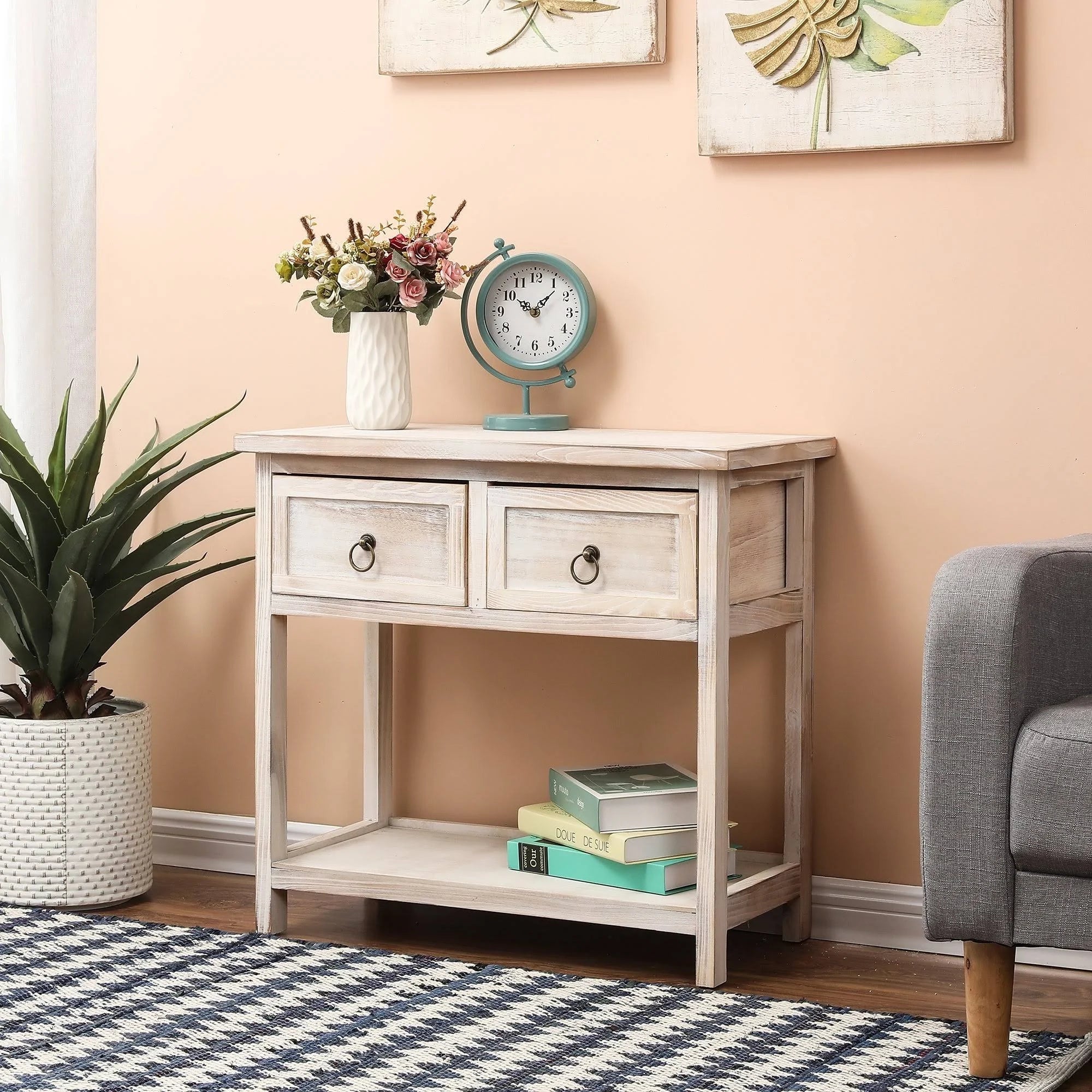 White-Washed Pine Wood Console Table G360