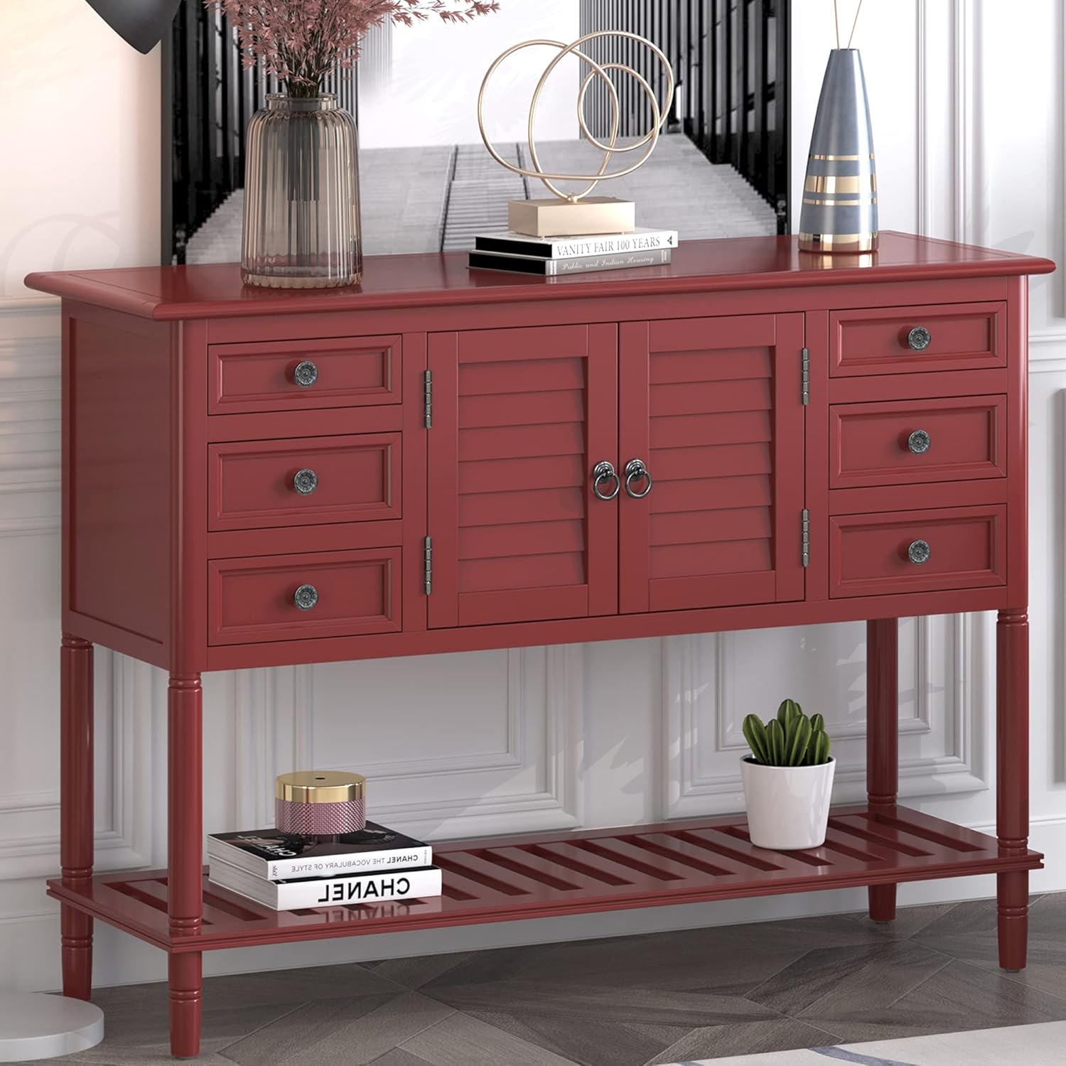 Light Green Wood Console Table with Drawers & Open Shelf K361