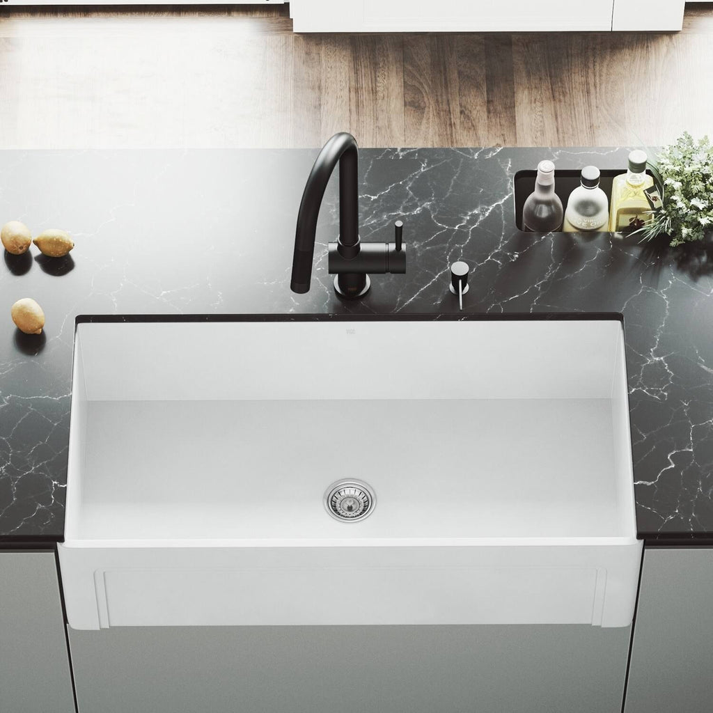36 in. Matte Stone Farmhouse Kitchen Sink Set with Matte Black Faucet Z2735