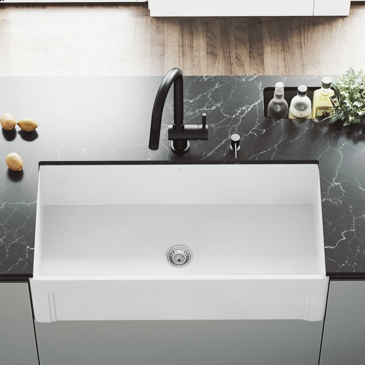 36 in. Matte Stone Farmhouse Kitchen Sink Set with Matte Black Faucet Z2735