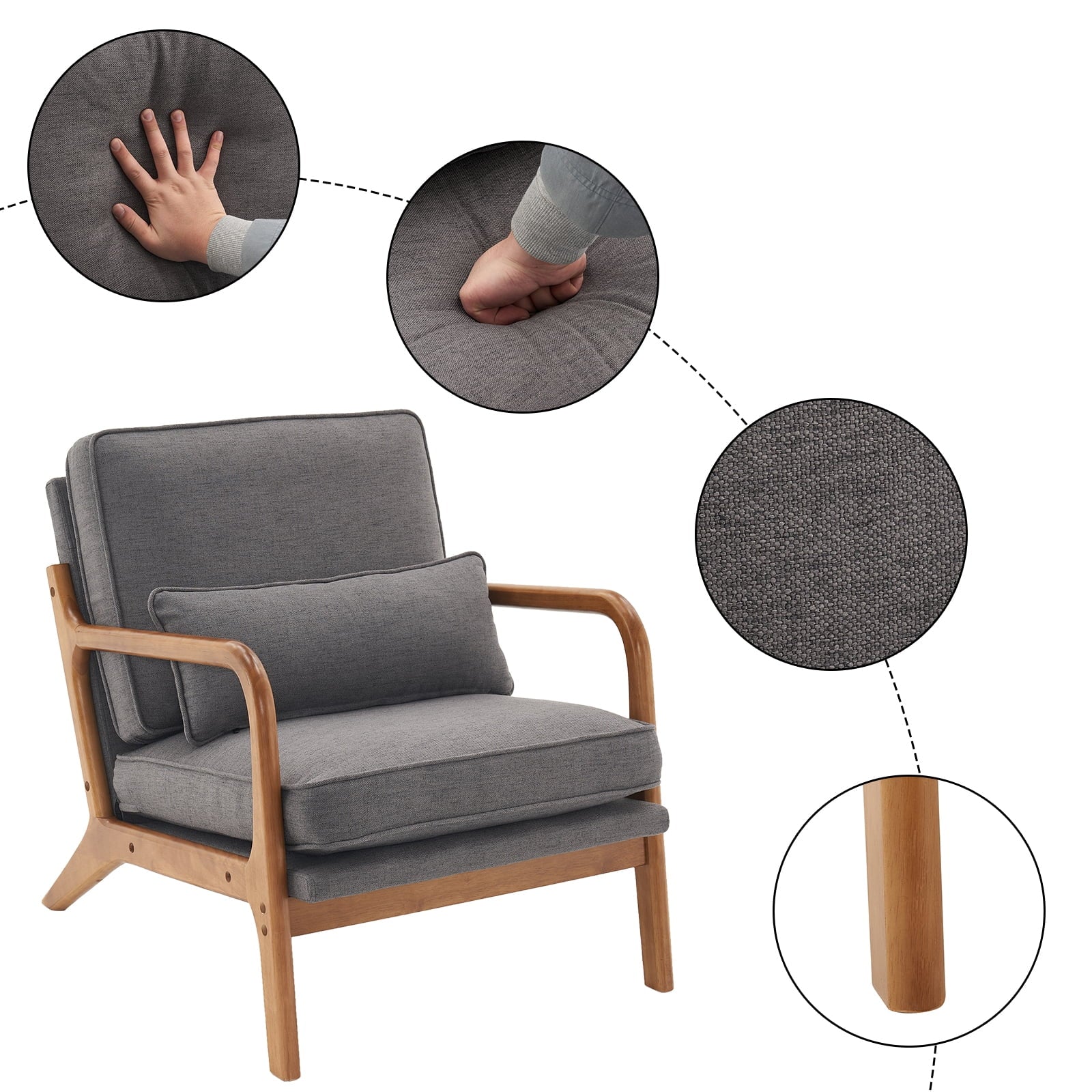 Fabric Single Sofa with Wood Legs (Gray) J131