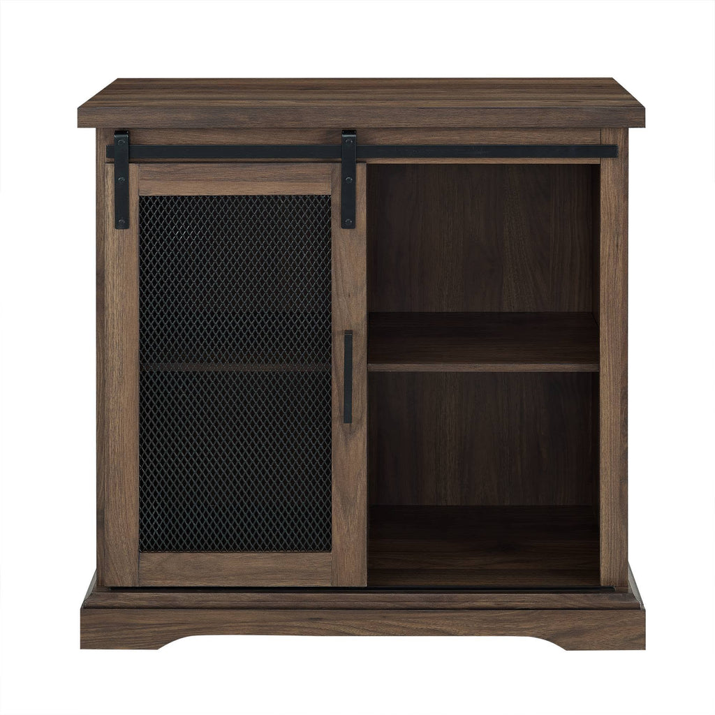 Industrial Farmhouse Accent Cabinet with Sliding Mesh Door Dark Walnut S937378