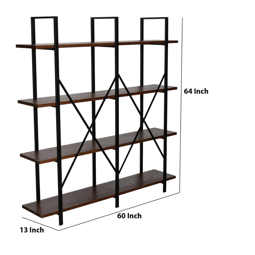 4 Tier Wood and Metal Double Bookcase, Brown and Black H30981