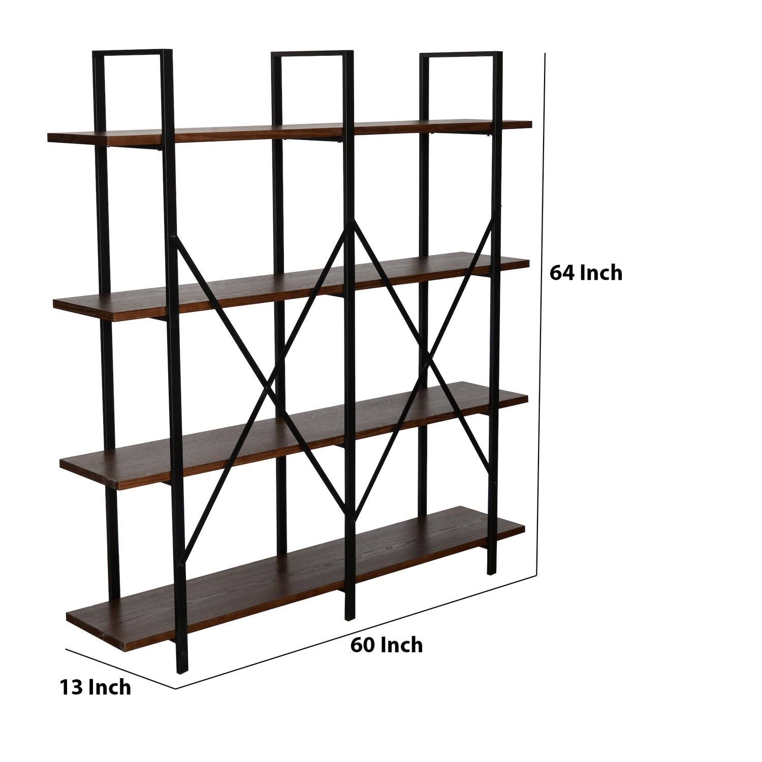 4 Tier Wood and Metal Double Bookcase, Brown and Black H30981