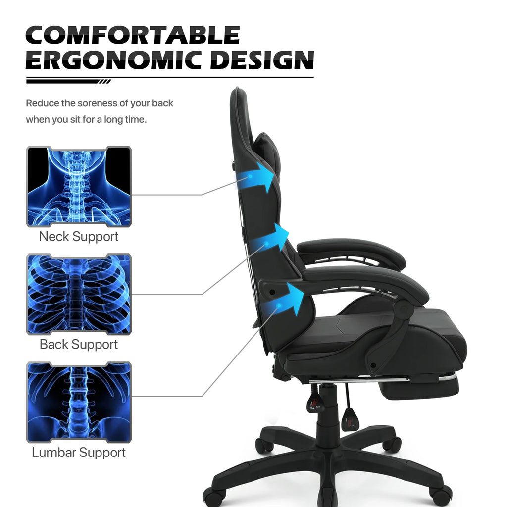 Black Swivel Gaming Chair with Footrest and Lumbar Support W40104