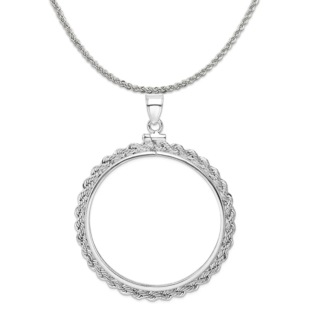 Sterling Silver Rope Coin Bezel Pendant with Rope Chain Necklace 18" M72817