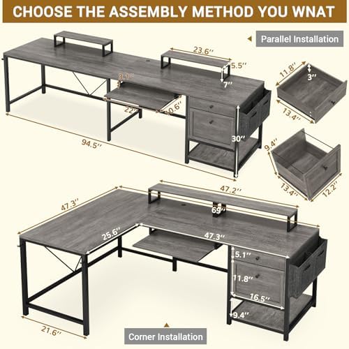 Rustic Brown L Shaped Desk with LED Lights and File Drawers J8244