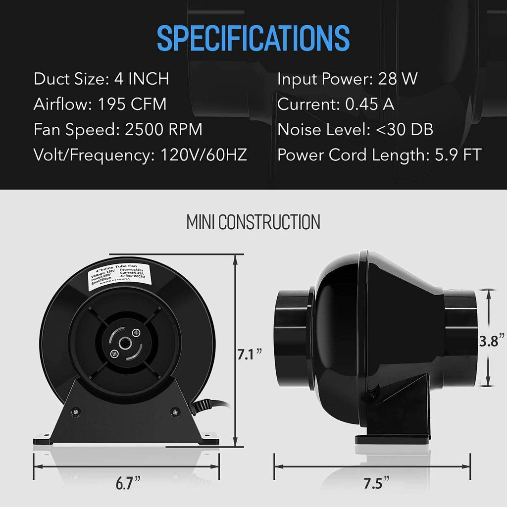 4 Inch 195 CFM Inline Fan Circulation Vent Blower with Carbon Filter, 8 Feet Ducting, 1-Pair Rope Combo, Pack of 2 W30174