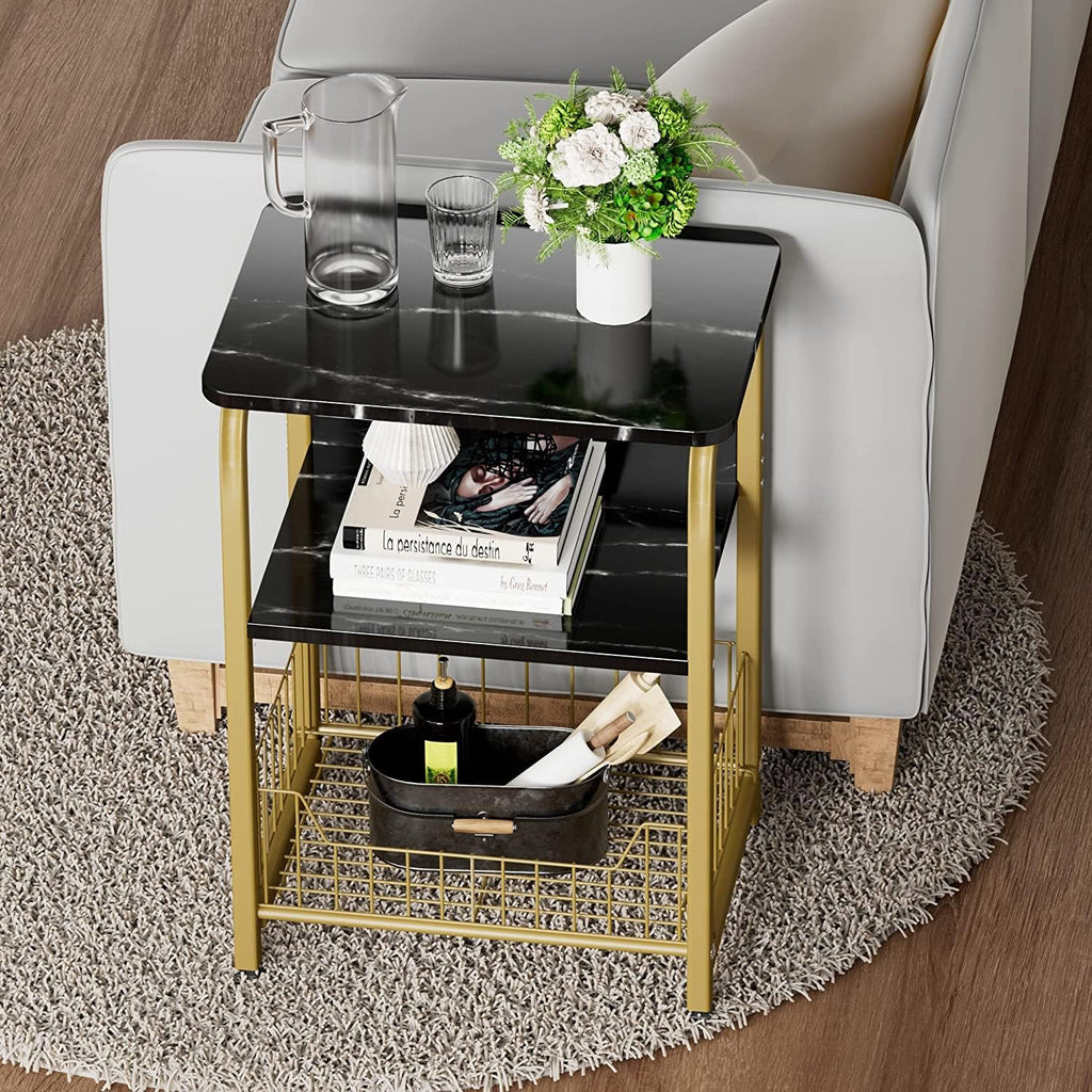 Black Marble 3 Tiers Nightstand with Wood and Metal Frame S6019