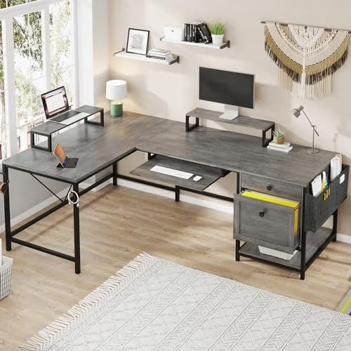 Rustic Brown L Shaped Desk with LED Lights and File Drawers J8244