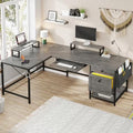 Rustic Brown L Shaped Desk with LED Lights and File Drawers J8244