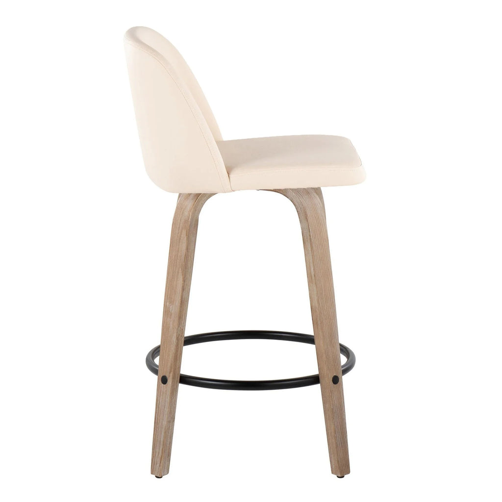 26" Counter Stool with Swivel in White-Washed Wood and Cream Faux Leather with Round Black Metal Footrest - Set of 2 A347